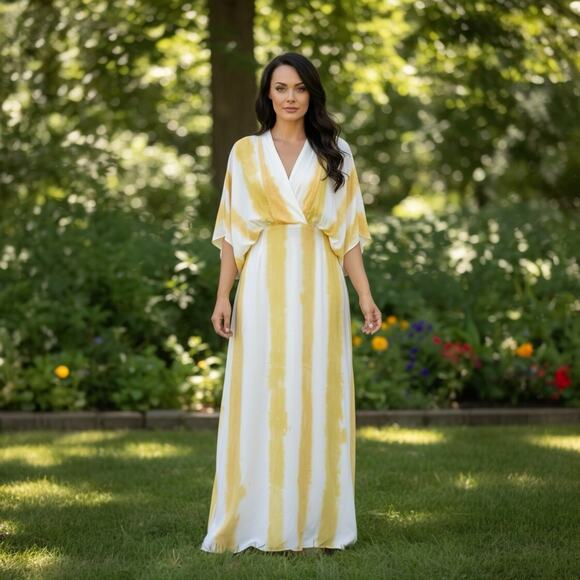 S/W/F Dresses & Skirts - S/W/F Yellow Tie Dye Boho Maxi Caftan 100% Rayon Resort Cover Up Dress- Small